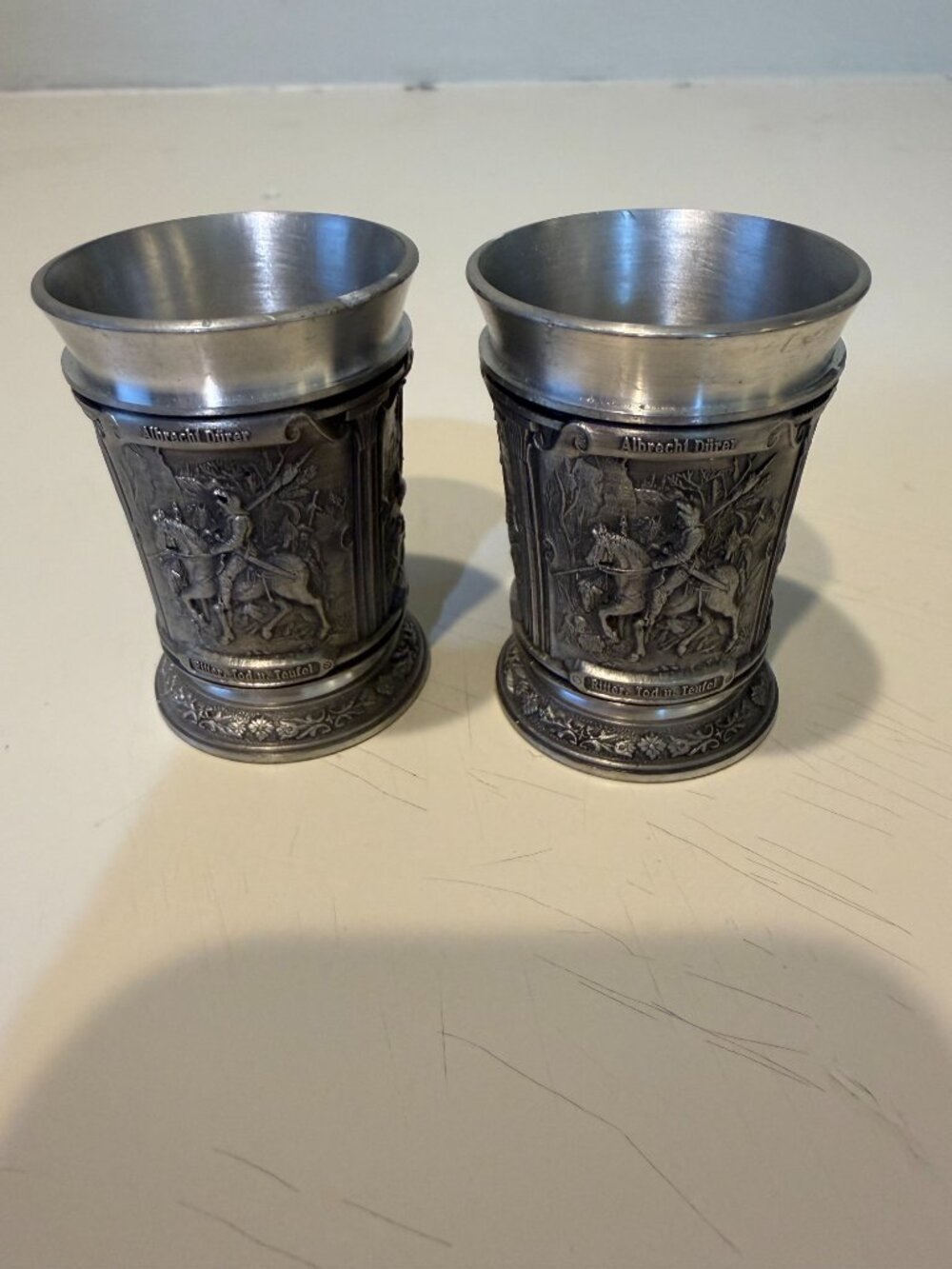 SET/2 VINTAGE GERMAN REIN ZINN 95% PEWTER EMBOSSED RELIEF SCENES SHOT GLASSES 2"
